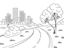 Road City Graphic Black White City Landscape Sketch Illustration Vector