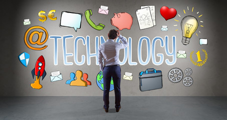 Poster - Businessman watching technology sketch on a wall 3D rendering