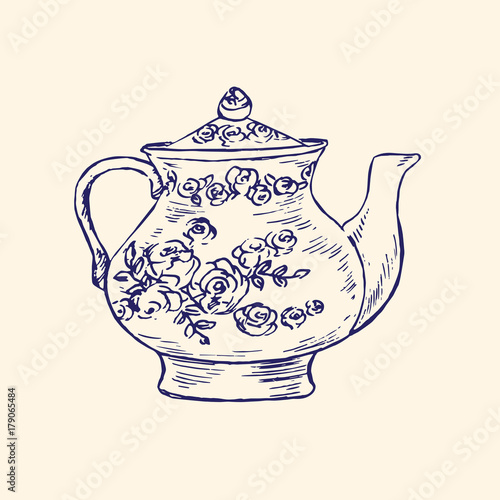 Classical porcelain teapot with roses and leaves ornament, hand drawn