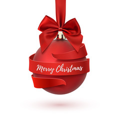 Sticker - Merry Christmas tree decoration with red bow and ribbon.