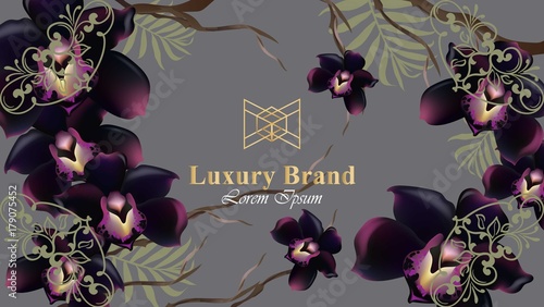 Black orchid flowers card Vector. Beautiful illustration for invitation, wedd...