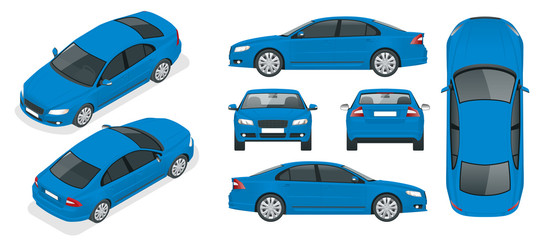 Wall Mural - Set of Sedan Cars. Isolated car, template for branding and advertising. Front, rear , side, top and isometry front and back Change the color in one click