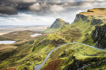  Landscape view of Quiraing mountains on Isle of Skye, Scottish highlands, Scotland, United Kingdom