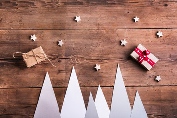 Wall Mural - Christmas composition on a wooden background.