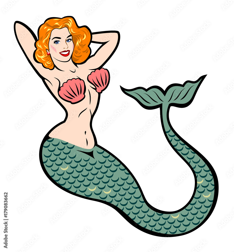 The image of a mermaid in the traditional style of Old school tattoo pin-up  Stock Vector | Adobe Stock, image size:926x1000