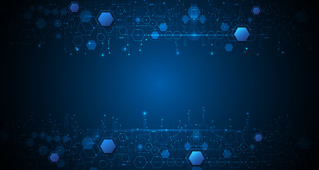 Vector illustration circuit board and hexagons background. Hi-tech digital technology and engineering, digital telecom technology concept. Vector abstract futuristic on dark blue color background