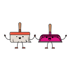 Wall Mural - kawaii cartoon hand dustpan and hand broom holding hands in colored crayon silhouette