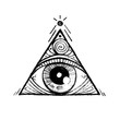 A pyramid with a eye inside. Hand drawn isolated symbol. Magic symbolism. It can be used for printing on t-shirts, postcards, or used as ideas for tattoos.
