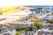 Europe culture concept - panoramic city skyline birds eye aerial view under dramatic sun and morning blue cloudy sky in Germany
