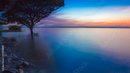 Plakat Zachód słońca z drzewem odbicie w jeziorze.