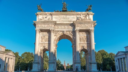 Wall Mural - Arch of Peace in Simplon Square timelapse at sunset. It is a neoclassical triumph arch