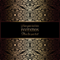 Abstract background with antique, luxury black and gold vintage frame, victorian banner, damask floral wallpaper ornaments, invitation card, baroque style booklet, fashion pattern, template for design