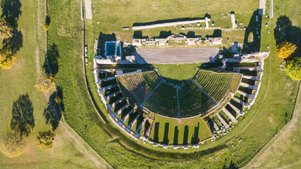 Gubbio, one of the most beautiful small town in Italy. Drone aerial view of the ruins of the Roman theater