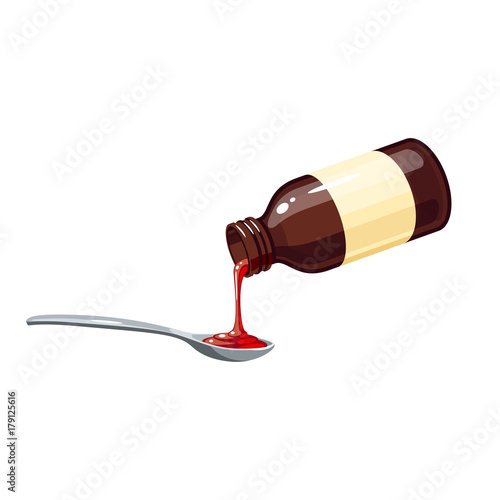 Cough remedy. Pouring one dose into spoon from bottle of medicine syrup for treat sore throat