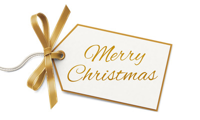 Wall Mural - gift tag and golden ribbon bow - merry christmas