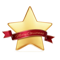 Wall Mural - Gold star with red ribbon banner - arc up and wavy ends - Merry Christmas