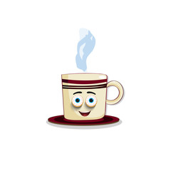 Cup emoji cup with cheeks, eyes and smiling mouth. Colored beautiful doodle steaming cup character in flat designs with cute cartoon face. Hot coffee and tea. Vector illustration, icons, clip art