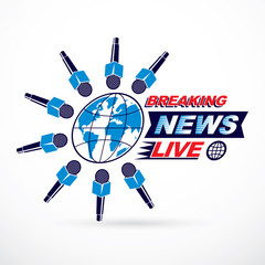 Wall Mural - Social telecommunication theme vector logo created with blue Earth planet illustration surrounded with microphones and with breaking news inscription. Press conference concept.