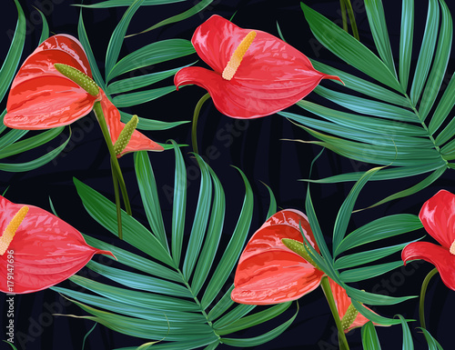Vector Tropical flowers and palm leaves seamless pattern. Floral exotic Hawaiian background. Blooming elements.Jungle plants. Ideal for fabric,wallpaper,wrapping paper, textile, bedding,t-shirt print.
