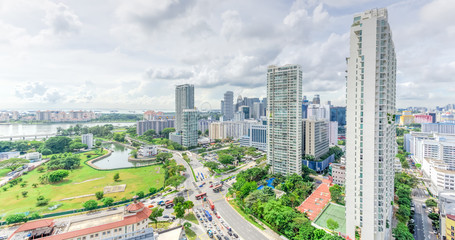 Wall Mural - Public residential condominium building complex and downtown skylines at Kallang neighborhood in Singapore. Panorama.