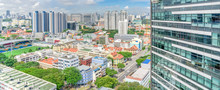 Public Residential Condominium Building Complex And Downtown Skylines At Kallang Neighborhood In Singapore. Panorama.