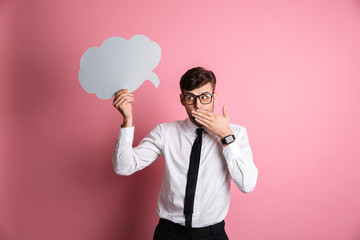 Poster - Portrait of a shy embarrassed man in white shirt