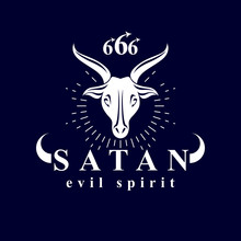 Vector Graphic Emblem Of Horned Goat Head Made With 666 Number As The Illustration Of Lucifer.