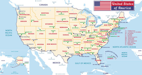 States capitals and major cities of the United States of America. Beautiful modern graphic vector USA map. Alaska and Hawaï. Pastel tones.