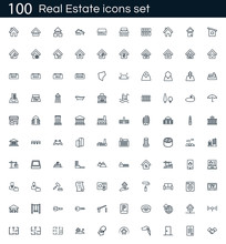 Real Estate Icon Set With 100 Vector Pictograms. Simple Outline Icons Isolated On A White Background. Good For Apps And Web Sites.
