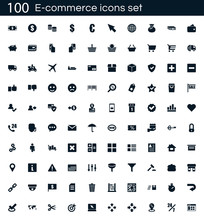 E-commerce Icon Set With 100 Vector Pictograms. Simple Filled Shopping Icons Isolated On A White Background. Good For Apps And Web Sites.