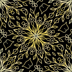 art deco lace pattern with flower. seamless vector illustration. black, gold color.