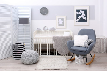 Poster - Baby bedroom design with white crib and rocking chair