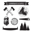 Elements of a lumberjack and sawmill isolated on white . Vector .