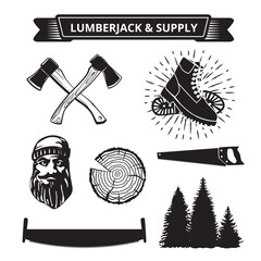 Poster - Elements of a lumberjack and sawmill isolated on white . Vector .