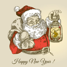 Happy New Year. Santa Claus Holding A Lantern. Vintage Card. Engraving Style. Vector Illustration.
