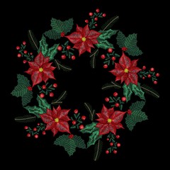 Wall Mural - Christmas embroidery patch, wreath with mistletoe, flowers, tree, jingle bells plants  for New Year decoration.