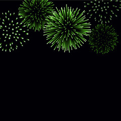 firework sparkle background card. beautiful bright fireworks isolated on black background. light gre