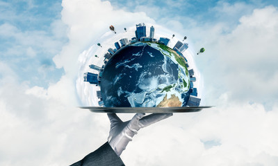 Wall Mural - Hand of waitress presenting Earth globe on tray.