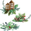 Watercolor Scandinavian Christmas Composition Set. Hand drawn winter decoration. Magnolia leaves, spruce, eucalyptus, holly and pinecones bouquets. Tiny decorative wooden houses with greenery.