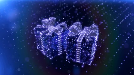 Wall Mural - Magic Blue Neon Christmas gifts with bokeh particles background. 3D render.