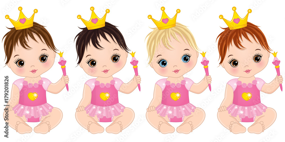 Vector Cute Baby Girls Dressed as Princesses Stock Vector | Adobe Stock