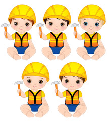 Vector Cute Baby Boys Dressed as Little Builders with Hammers