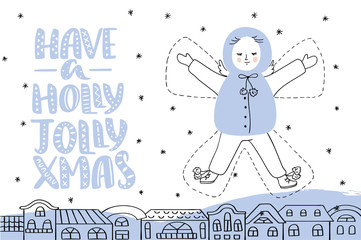  Vector Christmas card with lettering and angel . Vector design for greeting cards and invitations.