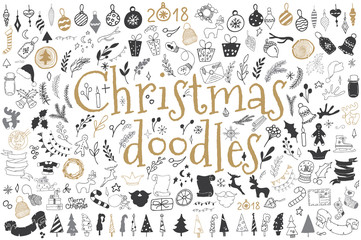 Big set of Christmas design elements in doodle style