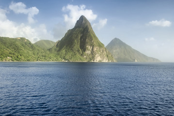 view of the famous piton mountains in st lucia, eastern caribbean