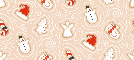 Wall Mural - Hand drawn vector abstract fun Merry Christmas time cartoon illustration seamless pattern with baked gingerbreads cookies isolated on craft paper background