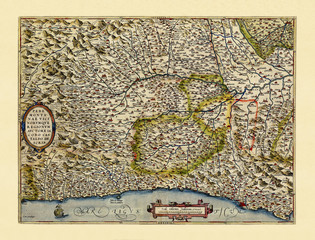 Old detailed map of Piedmont, Italy. Excellent state of preservation realized in ancient style. All the graphic composition is inside a frame. By Ortelius, Theatrum Orbis Terrarum, Antwerp, 1570