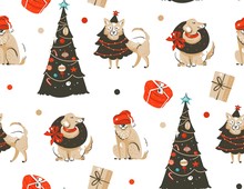 Hand Drawn Vector Abstract Fun Merry Christmas Time Cartoon Illustration Seamless Pattern With Many Pet Dogs In Holidays Costume And Xmas Trees Isolated On White Background