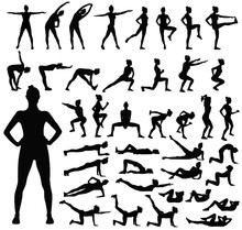 Big Set Of Black Silhouettes Of Woman Doing Fitness Workout.