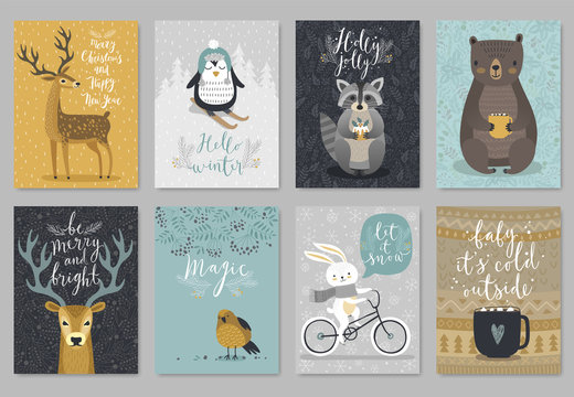 Fototapete - Christmas animals card set, hand drawn style..